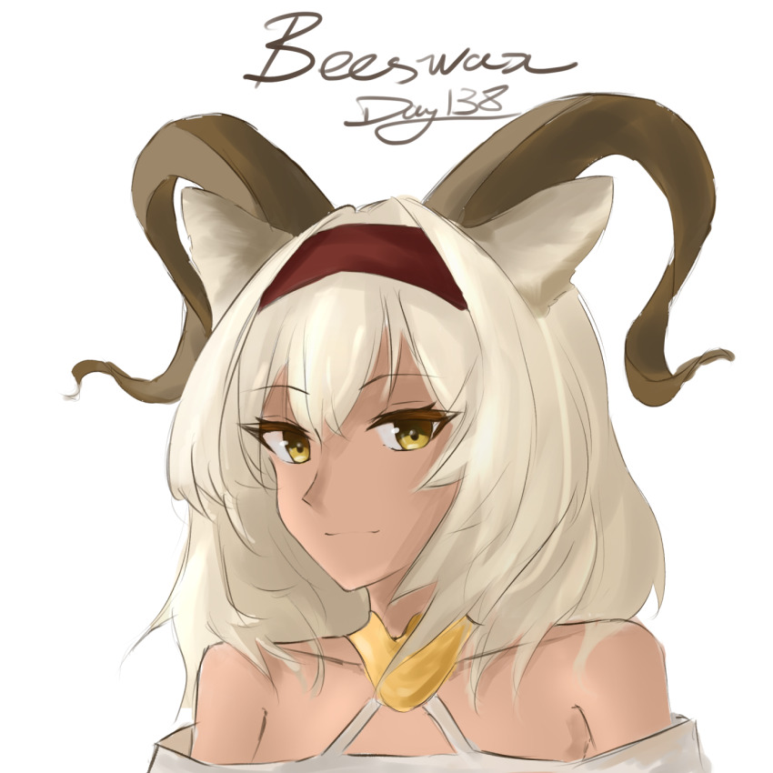 1girl animal_ears arknights bare_shoulders beeswax_(arknights) character_name collarbone dark_skin highres horns looking_at_viewer medium_hair non-web_source off-shoulder_shirt off_shoulder portrait shirt simple_background solo ve.l_(lvthelowvoltage) white_background white_hair yellow_eyes