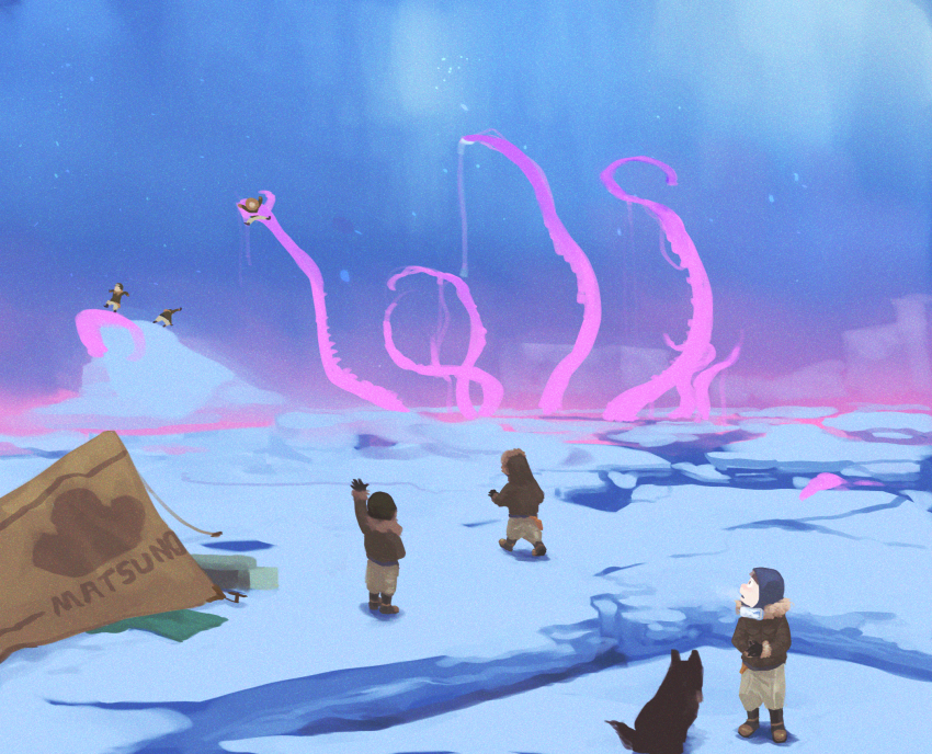 6+boys aurora brothers brown_pants full_body fur-trimmed_jacket fur_trim highres hood hood_up hooded_jacket ice iceberg jacket matsuno_choromatsu matsuno_ichimatsu matsuno_jyushimatsu matsuno_karamatsu matsuno_osomatsu matsuno_todomatsu monster multiple_boys nacaji ocean osomatsu-san osomatsu_(series) outdoors pants siblings sky standing tent tentacles twins wide_shot