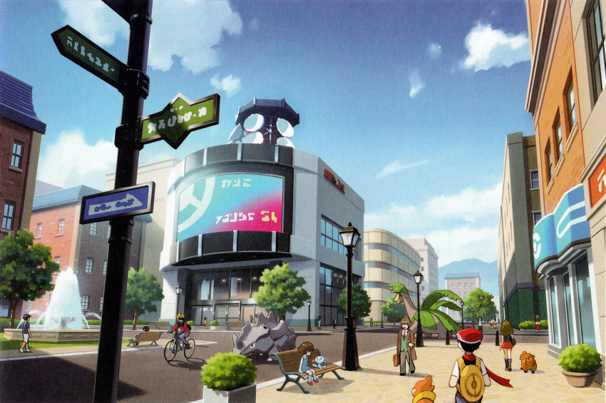 artist_request bench bicycle bicycle_helmet bidoof black_hair black_shoes blue_sky brown_hair brown_hat brown_jacket building buizel cane city cloud concept_art day fountain gen_1_pokemon gen_2_pokemon gen_3_pokemon gen_4_pokemon grass grey_pants hat helmet highres holding holding_cane in-universe_location jacket lamppost lass_(pokemon) lass_(pokemon_dppt) long_hair lucas_(pokemon) nintendo official_art on_bench open_clothes open_jacket pants pokemon pokemon_bdsp red_hat red_scarf rhyhorn riding riding_bicycle scarf shoes short_hair sky third-party_source tree tropius wooper yellow_bag yellow_helmet