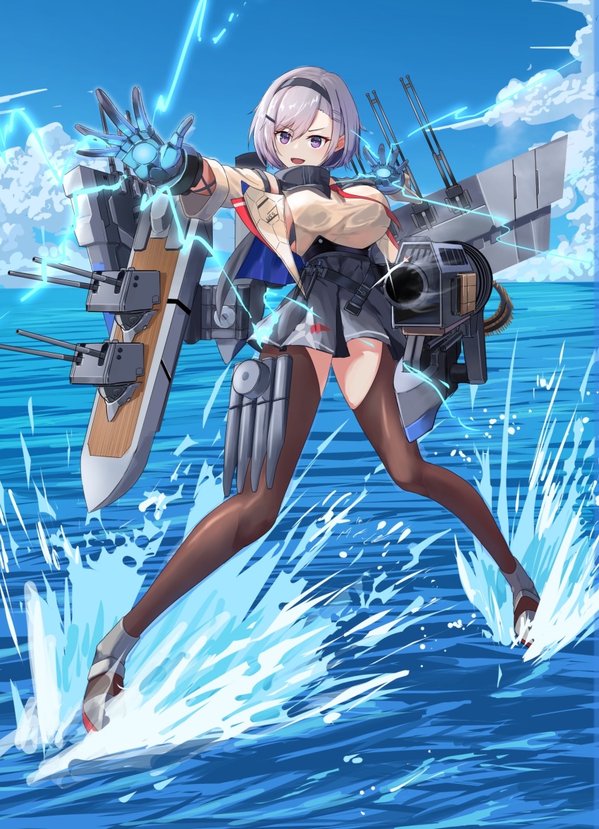 1girl absurdres ammunition_belt anti-aircraft anti-aircraft_gun azur_lane bare_shoulders black_bra black_hairband blue_sky bra breasts cloud commentary day electricity full_body grey_hair grey_skirt gun hair_between_eyes hairband highres jacket large_breasts lom_(lom_lom_8) machine_gun machinery metal_gloves necktie ocean open_clothes open_jacket open_mouth outdoors parted_hair pleated_skirt purple_eyes red_necktie reno_(azur_lane) rigging rudder_footwear see-through_clothes see-through_shirt ship_turret shirt short_hair sidelocks skirt sky sleeveless sleeveless_shirt solo standing standing_on_liquid thighhighs torpedo_launcher underwear weapon white_jacket white_shirt