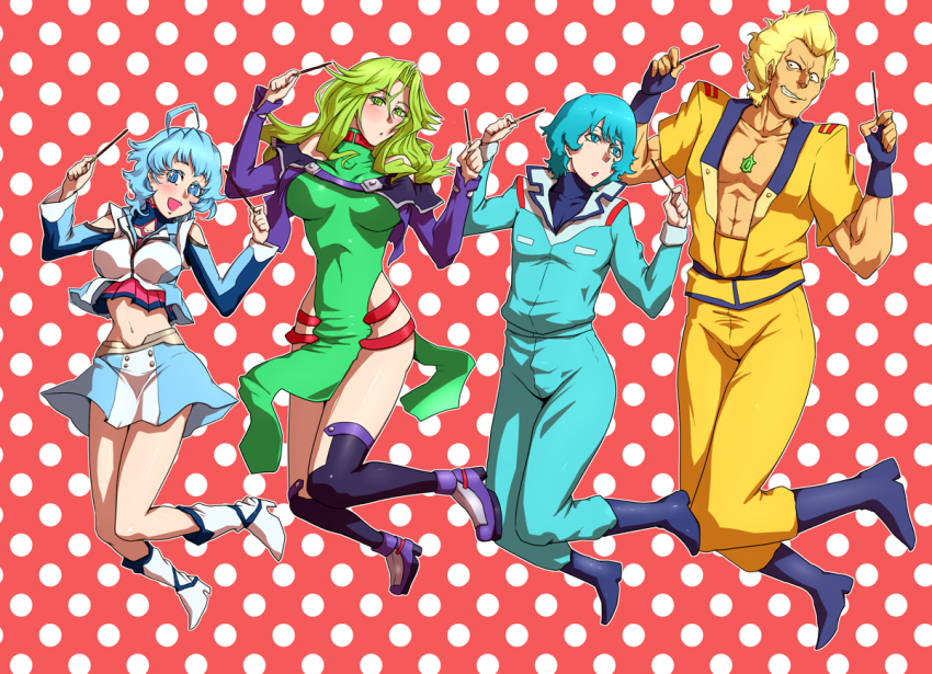 2boys 2girls ahoge al-3_alice banpresto blue_eyes blue_hair breasts cleavage detached_sleeves evil_grin evil_smile green_eyes green_hair grin gundam kamille_bidan lamia_loveless midriff multiple_boys multiple_girls rape_face sagattoru skirt smile super_robot_wars super_robot_wars_l thighhighs yazan_gable zeta_gundam