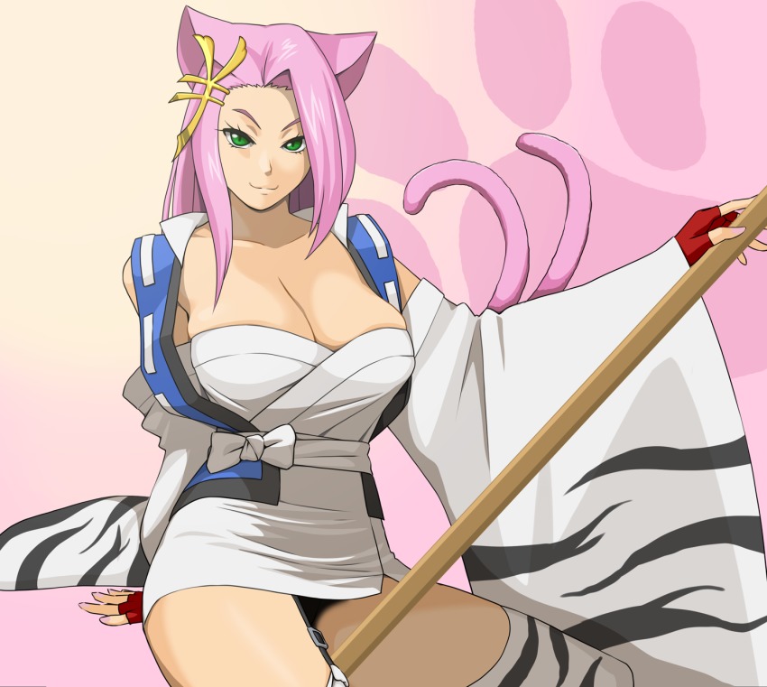 1girl animal_ears animal_print breasts cat_ears cat_tail cleavage eyelashes female_focus fingerless_gloves garter_straps gloves green_eyes hair_ornament hairpin highres japanese_clothes kimono koma_(srw) kuroi_ani large_breasts long_hair long_sleeves looking_at_viewer multiple_tails pink_hair red_gloves sarashi sash short_kimono skindentation smile solo super_robot_wars super_robot_wars_og_saga_mugen_no_frontier tail thighhighs wide_sleeves zebra_print