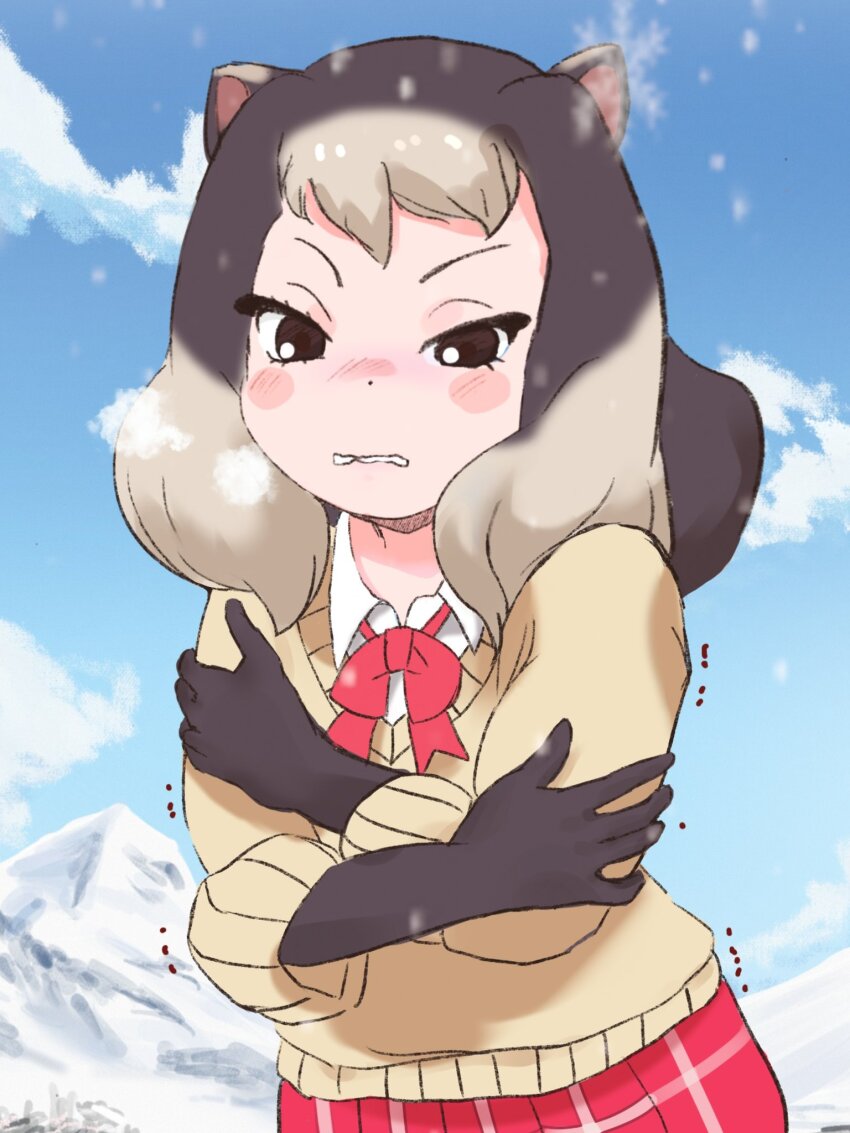 1girl alpine_marmot_(kemono_friends) animal_ears black_gloves blonde_hair blush bow bowtie brown_eyes collared_shirt commentary_request crossed_arms elbow_gloves gloves grey_hair highres ieinu_account kemono_friends long_sleeves multicolored_hair plaid_clothes plaid_skirt pleated_skirt red_bow red_bowtie red_skirt self_hug shirt short_hair sidelocks skirt solo squirrel_ears squirrel_girl sweater trembling white_shirt yellow_sweater