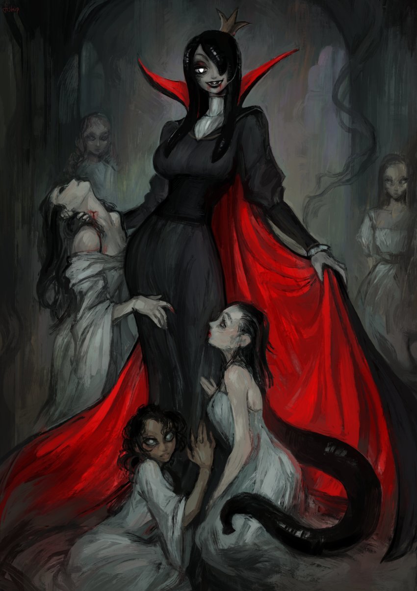 6+girls :d absurdres black_cape black_dress black_hair breasts cape crown dark-skinned_female dark_skin dress hair_over_one_eye harem highres large_breasts leech_queen_(matilda_fiship) long_sleeves looking_at_viewer matilda_fiship multiple_girls one_eye_covered open_mouth original red_cape sash smile solo_focus tentacle_hair two-sided_cape two-sided_fabric vampire_costume white_eyes yuri