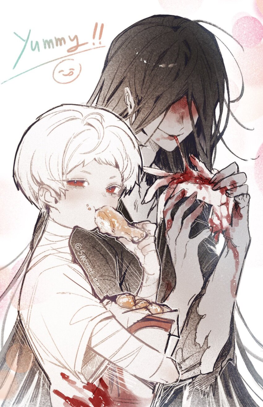 1boy 1girl bandaged_arm bandaged_neck bandages black_hair black_kimono blood blood_on_clothes blood_on_face blood_on_hands cannibalism chicken_(food) eating english_text food heroine_(homicipher) highres holding holding_food homicipher japanese_clothes kimono long_hair looking_at_viewer mr._crawling red_eyes severed_hand shirt short_hair sweeeet_him upper_body very_long_hair white_background white_hair white_shirt