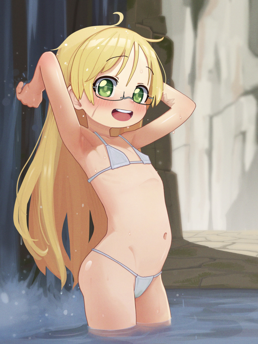 1girl 4th_lol :d absurdres armpits arms_up bikini black-framed_eyewear blonde_hair blush commentary commission english_commentary facial_scar flat_chest glasses green_eyes highres large_variant_set loli long_hair looking_at_viewer made_in_abyss navel open_mouth pixiv_commission riko_(made_in_abyss) scar scar_on_cheek scar_on_face semi-rimless_eyewear smile solo string_bikini swimsuit teeth under-rim_eyewear upper_teeth_only variant_set very_long_hair wading water waterfall white_bikini