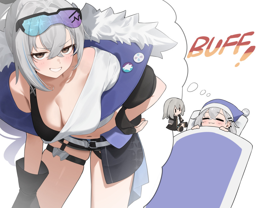 1girl =_= black_tank_top breasts character_doll cleavage eyewear_on_head flasso grey_eyes grey_hair grin hat highres honkai:_star_rail honkai_(series) large_breasts leaning_forward looking_at_viewer midriff multiple_views navel nightcap pillow shirt silver_wolf_(honkai:_star_rail) single-shoulder_shirt smile stelle_(honkai:_star_rail) sunglasses tank_top thigh_strap thighs trailblazer_(honkai:_star_rail) white_shirt