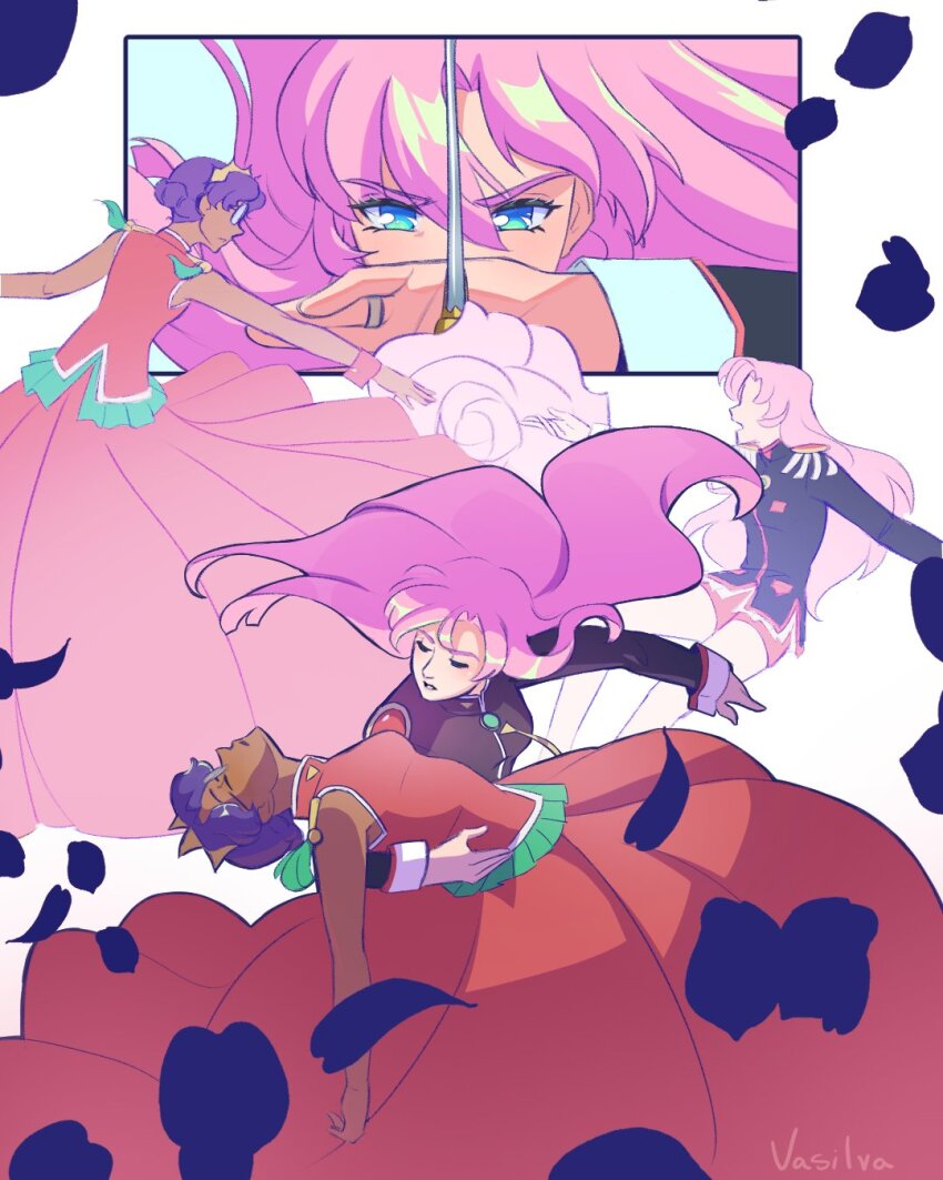 2girls black_jacket commentary dark-skinned_female dark_skin dress english_commentary flower highres himemiya_anthy jacket jewelry long_hair multiple_girls parted_lips petals pink_hair purple_hair red_dress ring rose shoujo_kakumei_utena tenjou_utena vasilva yuri