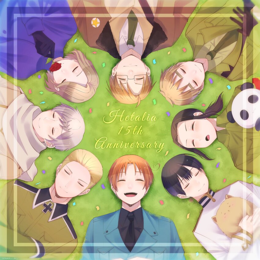 6+boys ahoge america_(hetalia) animal animal_ears anniversary armband axis_powers_hetalia black-framed_eyewear black_gloves black_hair black_necktie black_shirt blonde_hair blue_jacket blush breast_pocket brown_coat brown_hair brown_jacket capelet china_(hetalia) closed_eyes closed_mouth coat collared_capelet collared_jacket collared_shirt confetti cross crossed_arms dog dog_ears english_text everyone flower france_(hetalia) fur-trimmed_jacket fur_trim germany_(hetalia) glasses gloves grass green_jacket green_necktie green_shirt grey_hair hand_up happy highres holding holding_animal holding_flower iron_cross jacket japan_(hetalia) komaso_saku lapels long_hair long_sleeves low_ponytail lying male_focus military_jacket multiple_boys necktie northern_italy_(hetalia) on_back open_clothes open_jacket open_mouth orange_hair outdoors panda panda_ears pet pocket ponytail puffy_long_sleeves puffy_sleeves purple_capelet red_armband red_flower red_rose rose russia_(hetalia) scarf semi-rimless_eyewear shirt short_hair sidelocks smile star_(symbol) star_print teeth united_kingdom_(hetalia) white_jacket white_scarf white_shirt yellow_dog