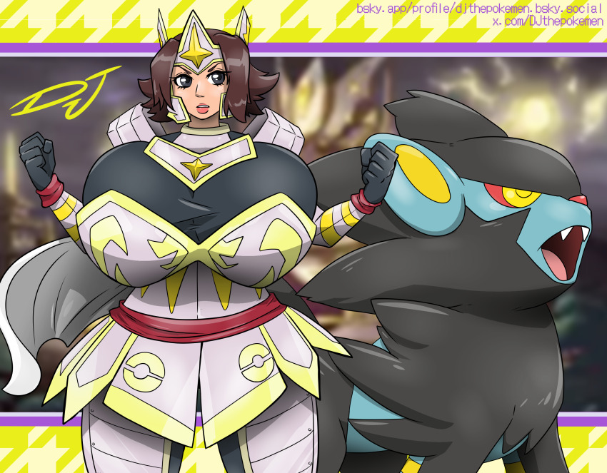 armor arms_up bodysuit bodysuit_under_armor breastplate breasts brown_hair cape creatures_(company) game_freak gen_4_pokemon grey_eyes headdress highres huge_breasts inkbooba lips lipstick luxray makeup medium_hair nintendo parted_bangs parted_lips poke_ball_symbol pokemon pokemon_conquest sengoku_musou tachibana_ginchiyo