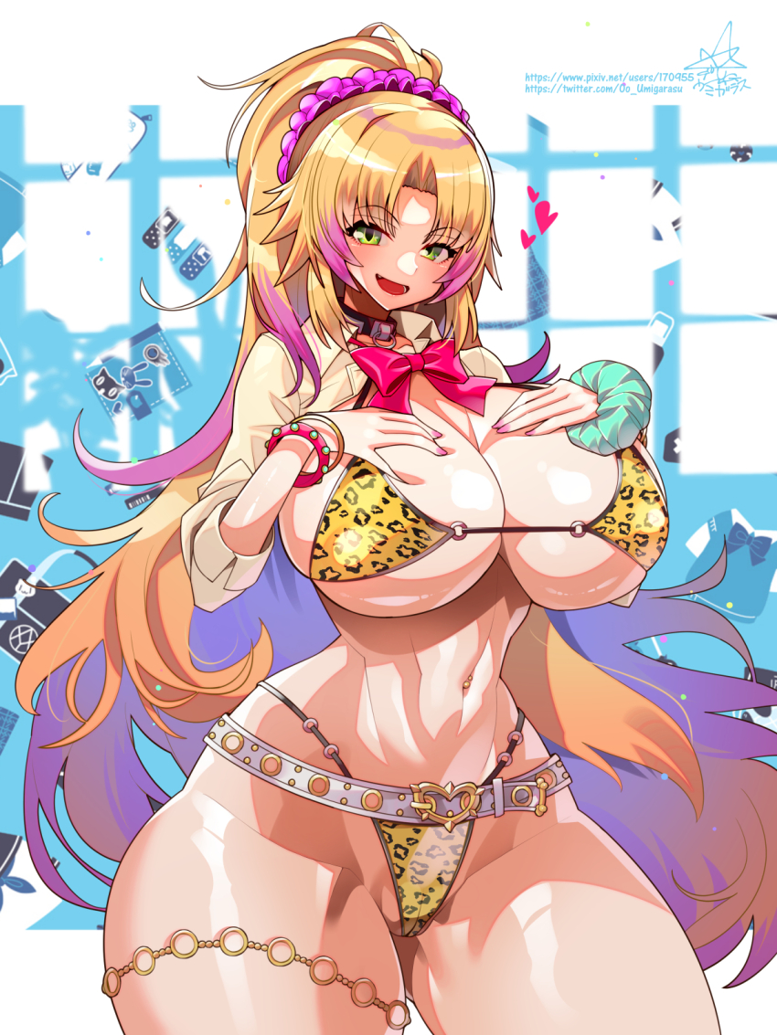 1girl :d amesuku_gyaru animal_print bag bangle barbariana_(last_origin) belt bikini black_choker blonde_hair blush bow bowtie bracelet breast_suppress breasts buckle cameltoe cat_print cellphone choker cleavage collarbone collared_shirt curvy fang floating_paper gem gluteal_fold gold_thighlet gradient_hair green_eyes green_gemstone green_scrunchie groin gyaru hair_ornament hair_scrunchie handbag heart heart-shaped_buckle heart_belt_buckle highleg highleg_bikini highres huge_breasts indoors jewelry kogal last_origin leopard_print leopard_print_bikini light_particles linea_alba long_hair long_sleeves looking_at_viewer micro_bikini microskirt midriff multicolored_hair nail_polish navel navel_piercing o-ring o-ring_bikini o-ring_bikini_bottom o-ring_choker o-ring_thigh_strap o-ring_top official_alternate_costume open_mouth paizuri_invitation paper parted_bangs partially_visible_vulva phone piercing pink_bow pink_bowtie pink_hair pink_nails pixiv_id ponytail purple_scrunchie rabbit_print revealing_clothes school_uniform scrunchie shiny_skin shirt signature skindentation skirt smile solo standing stomach streaked_hair sweater swimsuit teeth thick_thighs thigh_strap thighs thong thong_bikini tongue twitter_username umigarasu_(kitsune1963) underboob very_long_hair white_belt white_shirt wide_hips wrist_scrunchie
