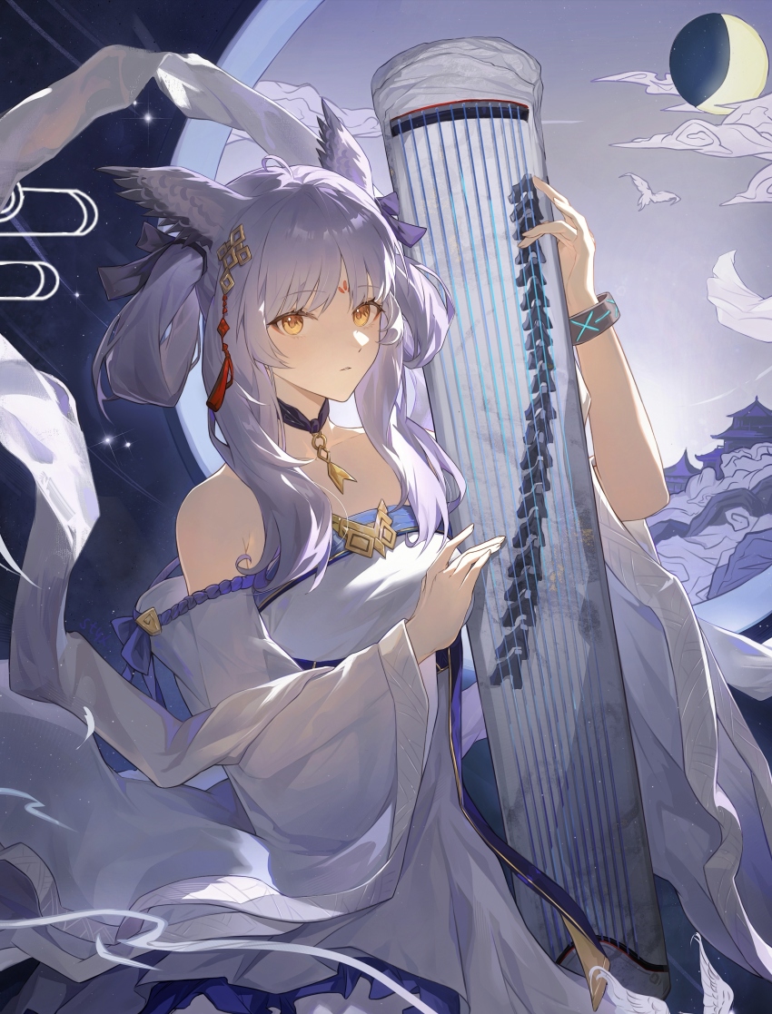 1girl absurdres architecture arknights bare_shoulders bird black_collar bracelet collar cowboy_shot dress east_asian_architecture facial_mark forehead_mark grey_hair guzheng hagoromo hair_ornament hair_rings highres infection_monitor_(arknights) jewelry long_hair looking_at_viewer moon official_alternate_costume official_alternate_hairstyle orange_eyes owl_ears owl_girl parted_lips ptilopsis_(amongst_the_clouds)_(arknights) ptilopsis_(arknights) shawl solo strapless strapless_dress styx_mo_yu tassel tassel_hair_ornament white_dress white_shawl wide_sleeves