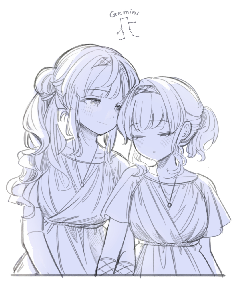 2girls alternate_costume ancient_greek_clothes birthday_connection breasts collarbone commentary crossed_bangs dress gemini_(constellation) gemini_(zodiac) greco-roman_clothes greyscale hair_bun hairband half-closed_eyes highres hinoshita_akame hinoshita_kaho jewelry light_smile link!_like!_love_live! long_hair love_live! medium_breasts medium_hair monochrome multiple_girls necklace otomune_kozue peplos ponytail short_ponytail short_sleeves side_ponytail sidelocks simple_background single_side_bun symbol-only_commentary upper_body virtual_youtuber white_background zodiac