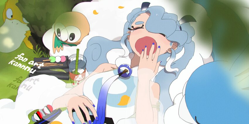 altaria closed_eyes flying_miku_(project_voltage) gen_1_pokemon gen_3_pokemon gen_7_pokemon hatsune_miku highres nintendo open_mouth pokemon project_voltage psyduck rowlet siirakannu vocaloid yawning