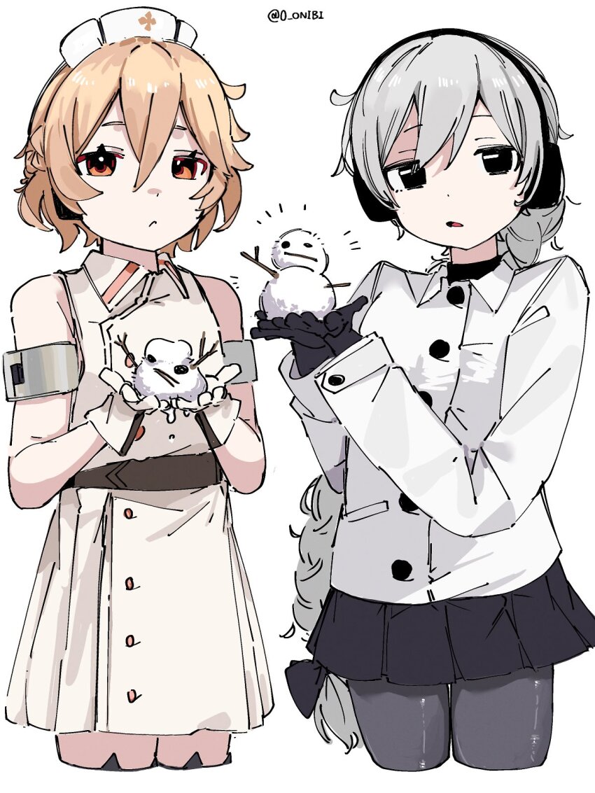 0_onibi 2girls armband belt black_eyes black_gloves black_skirt blonde_hair braid braided_ponytail closed_mouth coat cropped_legs dress frown gloves grey_hair grey_pantyhose hat headphones highres holding_snowman long_hair long_sleeves looking_at_viewer miniskirt multiple_girls notice_lines nurse_cap nurse_robot_type_t open_mouth orange_eyes pantyhose sekka_yufu short_hair skirt sleeveless sleeveless_dress twitter_username utau very_long_hair white_background white_coat white_dress white_gloves