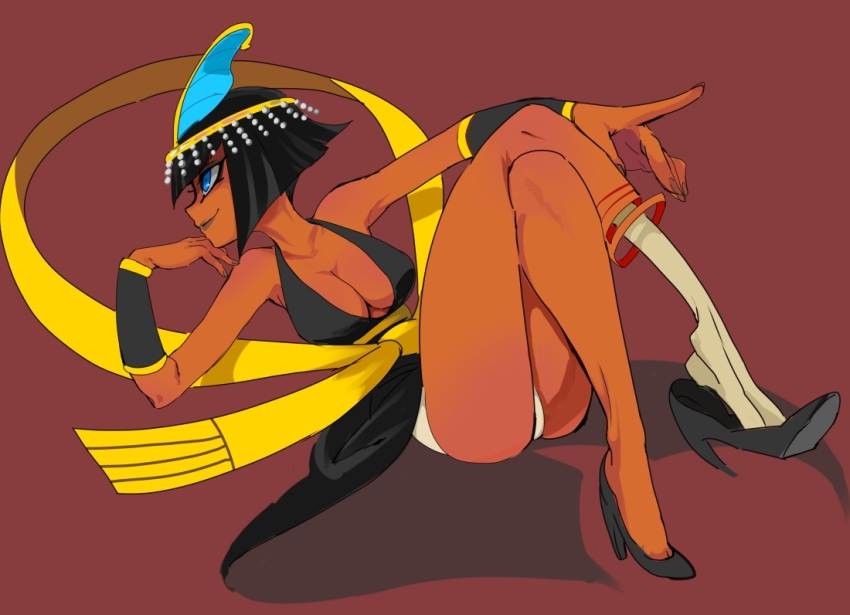 1girl black_hair blue_eyes bob_cut breasts cleavage collarbone dark-skinned_female dark_skin eliza_(skullgirls) exposed_bone high_heels large_breasts red_background skeleton skullgirls smile solo tiara vambraces yuriyuri_(ccc)