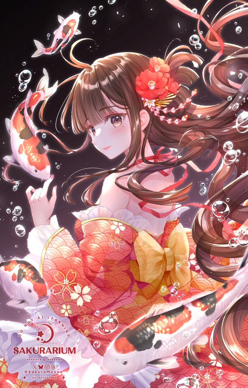 1girl bare_shoulders blush bow breasts brown_eyes brown_hair bubble closed_mouth collarbone dress fish flower frills hair_bow hair_flower hair_ornament highres koi long_hair looking_at_viewer medium_breasts mole mole_under_eye orange_dress original ribbon sakura_moyon sideboob smile solo strapless strapless_dress yellow_bow