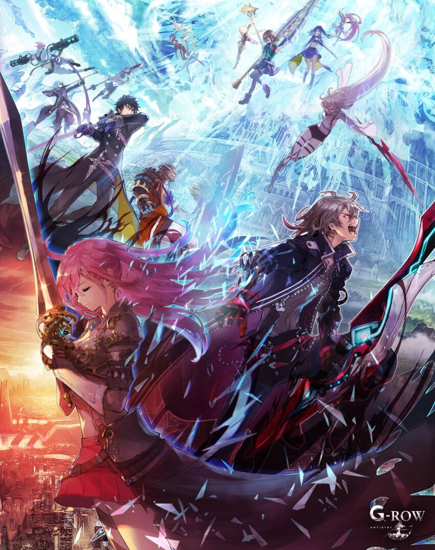 6+boys 6+girls ahoge armor artemis_(phantom_of_the_kill) bow_(weapon) breastplate closed_eyes commentary_request floating_hair freikugel grey_hair highres holding holding_bow_(weapon) holding_polearm holding_sword holding_weapon jumping katana laevateinn_(phantom_of_the_kill) long_hair longinus_(phantom_of_the_kill) masamune_(phantom_of_the_kill) midriff multiple_boys multiple_girls official_art parashu phantom_of_the_kill pink_hair pleated_skirt polearm red_eyes second-party_source shoulder_armor skirt spear sword tyrfing_(phantom_of_the_kill) weapon