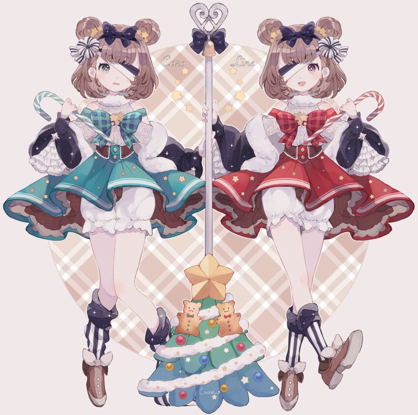 2girls absurdres aqua_dress artist_name brown_footwear double_bun dress eyepatch hair_bun hairband hands_up highres holding jikuno long_sleeves multiple_girls open_mouth original purple_eyes red_dress short_hair shorts socks striped_clothes striped_socks white_shorts