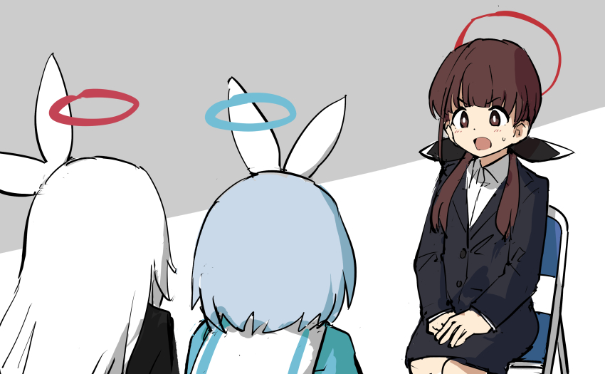 3girls absurdres alternate_costume arona_(blue_archive) black_jacket black_shirt black_skirt blue_archive blue_hair blue_halo blue_shirt bow bright_pupils brown_eyes brown_hair buttons commentary_request dot_nose facing_away from_behind grey_background hair_bow halo hands_on_lap highres interview jacket light_blush long_hair long_sleeves looking_at_another low_twintails multiple_girls office_lady ohitome_kohane on_chair open_mouth pencil_skirt plana_(blue_archive) project_kv red_halo sailor_collar shirt short_hair simple_background sitting sketch skirt suit_jacket sweatdrop tenten_(chan4545) traditional_halo twintails two-tone_background v-shaped_eyebrows white_background white_bow white_hair white_pupils white_sailor_collar white_shirt