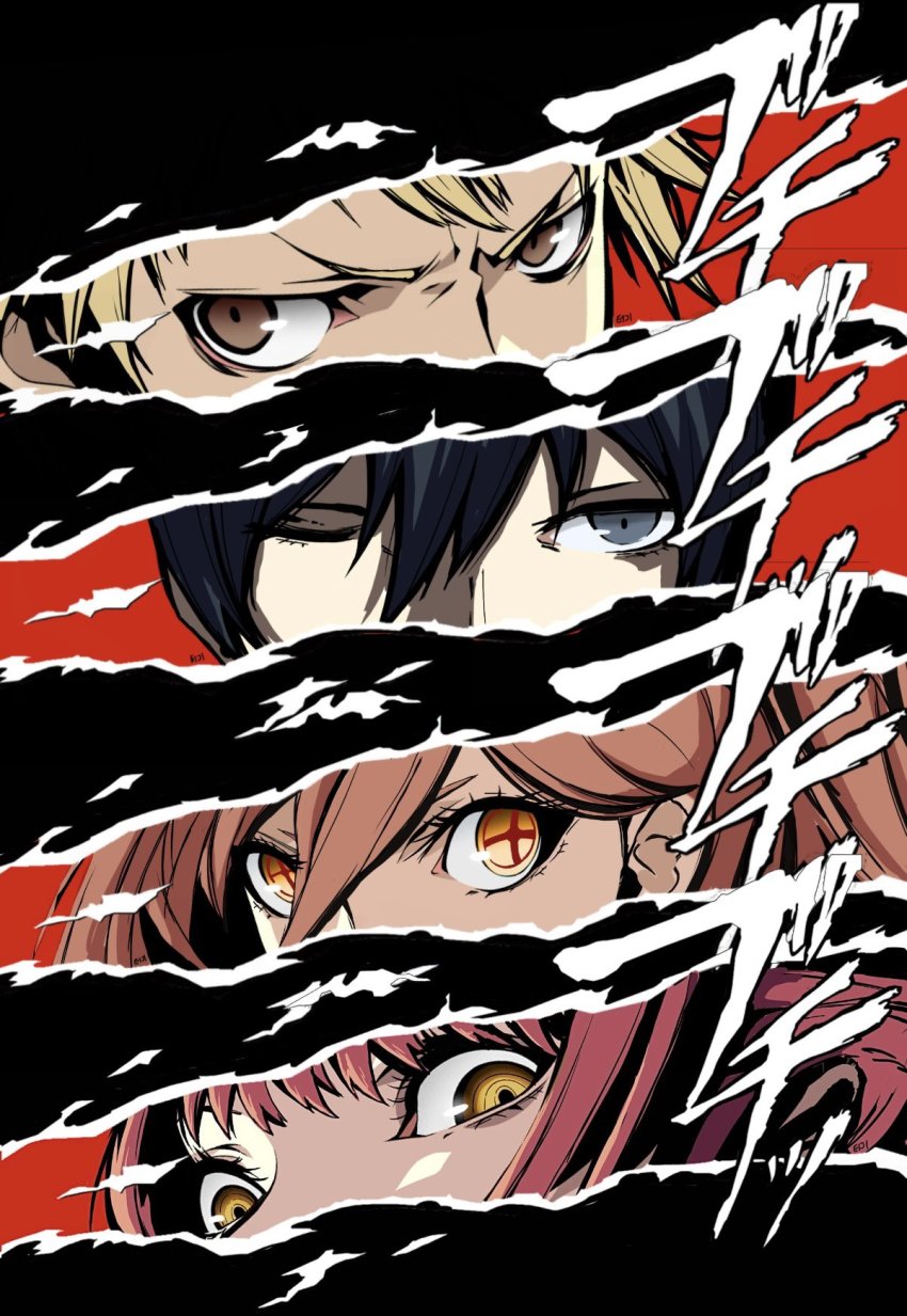 chainsaw_man cross-shaped_pupils denji_(chainsaw_man) eiji_nochi hayakawa_aki highres looking_at_viewer makima_(chainsaw_man) persona persona_5 persona_eyes power_(chainsaw_man) ringed_eyes symbol-shaped_pupils