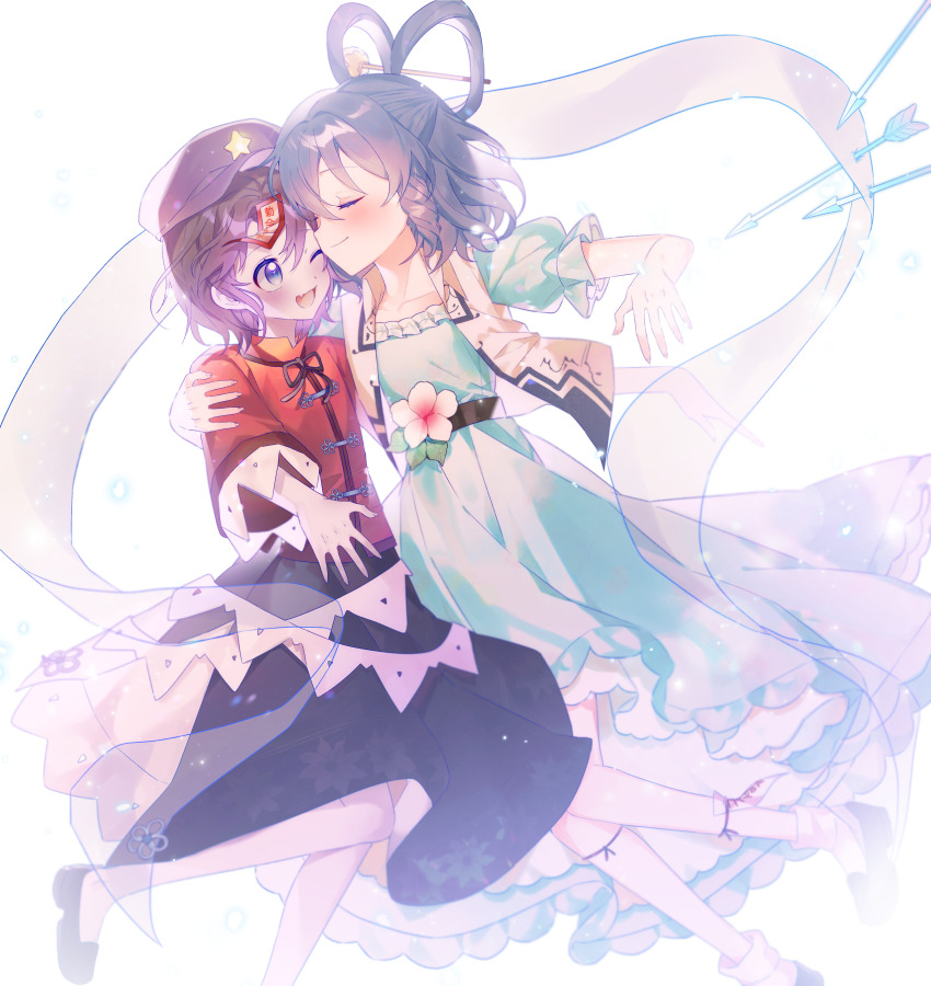 2girls absurdres aqua_dress arrow_(projectile) belt black_bow black_footwear black_skirt blue_hair blush bow newsboy_cap chinese_clothes closed_eyes collared_vest commentary_request dress flower frills hagoromo hair_ornament hair_rings hair_stick hand_on_another&#039;s_shoulder hat hat_ornament highres it_po_(sss_cmy) jiangshi kaku_seiga lace-trimmed_sleeves lace_trim light_blue_hair mary_janes medium_hair mixed-language_commentary miyako_yoshika multiple_girls ofuda one_eye_closed open_clothes open_vest outstretched_arms puffy_short_sleeves puffy_sleeves shawl shoes short_sleeves skirt socks star_(symbol) star_hat_ornament tangzhuang touhou vest white_background white_socks