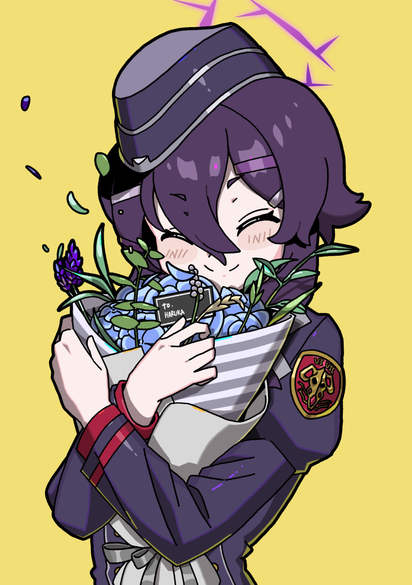 1girl absurdres blue_archive blush blush_stickers bouquet closed_mouth flower hair_between_eyes hair_ornament hairclip halo haruka_(blue_archive) hat highres holding holding_bouquet long_hair long_sleeves purple_hair purple_halo simple_background sleepywoodmac smile solo yellow_background