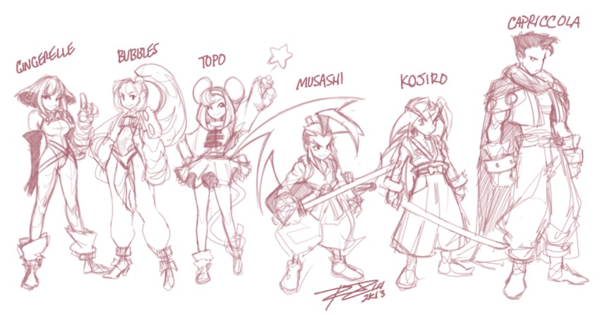 2013 3boys 3girls animal_ears brandy_(musashiden) brave_fencer_musashiden cape character_name double_bun elbow_gloves full_body gloves hair_bun hairband high_ponytail jean_walker katana leotard lineup liquor_(musashiden) long_hair miyamoto_musashi monochrome mouse_ears multiple_boys multiple_girls ponytail robaato sasaki_kojirou short_hair sketch standing sword tail topo topo_(musashiden) weapon