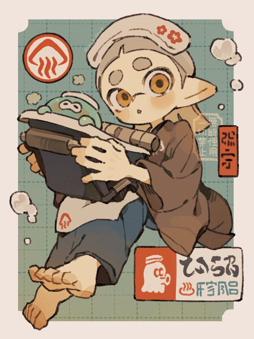 1girl barefoot bloblobber_(splatoon) blue_hakama brown_kimono commentary full_body grey_hair hakama hakama_pants highres holding holding_weapon inkling inkling_girl inkling_player_character invisible_chair japanese_clothes jellyfish_(splatoon) kimono long_sleeves looking_at_viewer medium_hair nintendo orange_eyes p0m4_p0m4 pants parted_lips pointy_ears sitting solo splatoon_(series) symbol-only_commentary tentacle_hair thick_eyebrows towel towel_on_head weapon wide_sleeves
