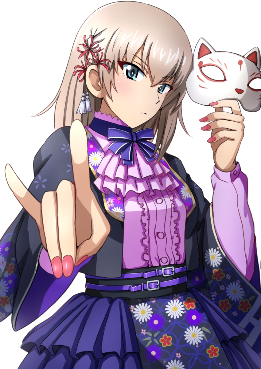 1girl ascot blue_eyes center_frills closed_mouth commentary dress foreshortening fox_mask fox_shadow_puppet frills frown girls_und_panzer grey_hair hair_ornament highres holding holding_mask itsumi_erika layered_sleeves long_sleeves looking_at_viewer mask medium_hair neck_ribbon omachi_(slabco) purple_ascot purple_dress purple_ribbon ribbon short_over_long_sleeves short_sleeves solo standing wide_sleeves
