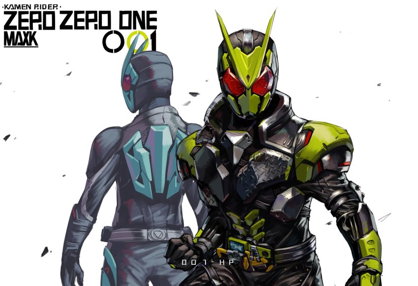 1boy alternate_universe armor artist_name black_armor black_bodysuit black_gloves bodysuit clenched_hand rider_belt dual_persona forceriser from_side gloves green_armor highres kamen_rider kamen_rider:_reiwa_the_first_generation kamen_rider_01_(series) kamen_rider_zero-one kamen_rider_zerozero_one looking_at_viewer max-k profile progrise_key red_eyes rider_belt rising_hopper upper_body
