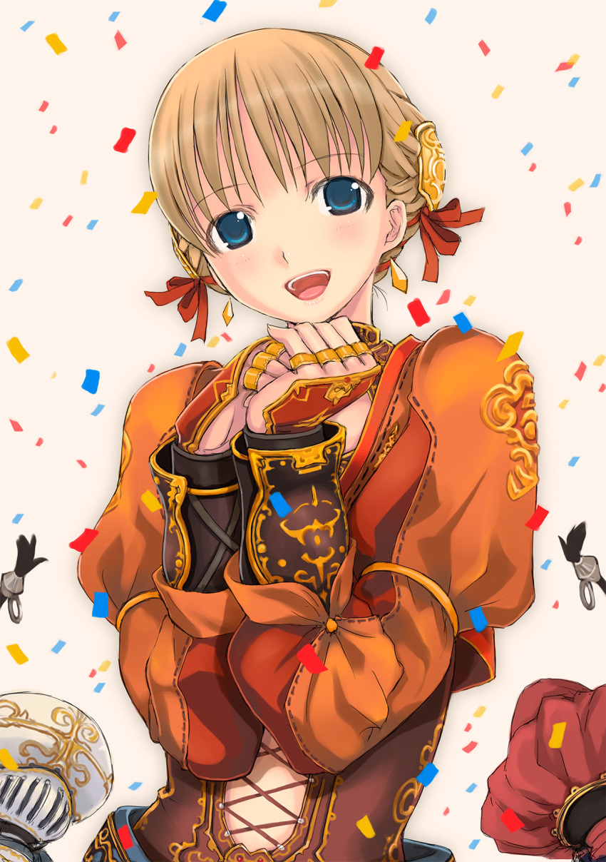 1girl afumau_(final_fantasy) arm_guards blonde_hair blue_eyes commentary_request confetti corset final_fantasy final_fantasy_xi hair_ribbon highres hume jewelry long_sleeves looking_at_viewer mikazuki_akira! open_mouth ovjang photoshop_(medium) ribbon ring smile solo_focus