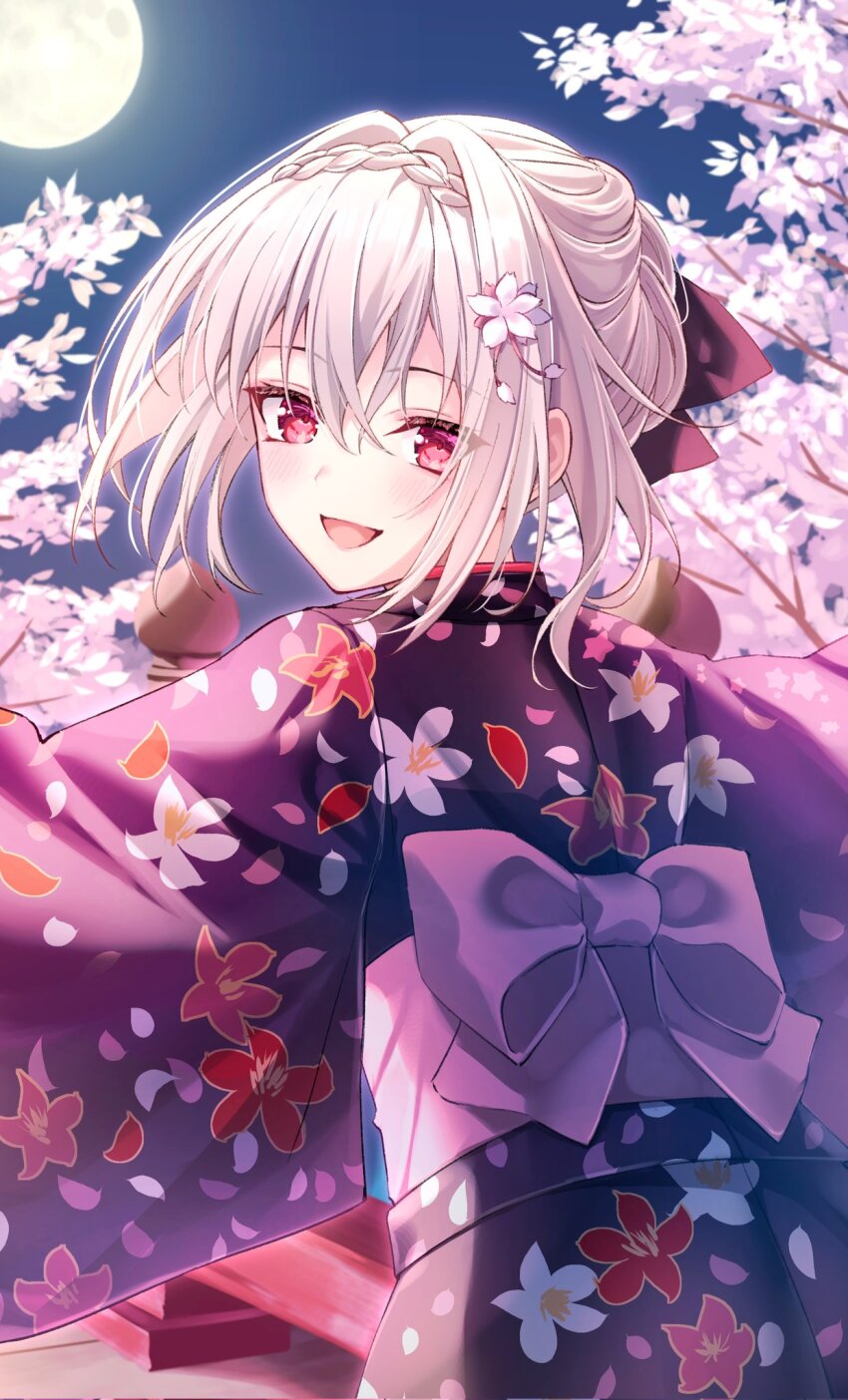 1girl :d alternate_costume alternate_hairstyle back_bow black_kimono black_ribbon blush bow braid commentary_request corrupted_twitter_file cowboy_shot crown_braid cuckoo_ki floating_hair floral_print floral_print_kimono flower from_behind full_moon hair_bun hair_flower hair_intakes hair_ornament hair_ribbon happy highres japanese_clothes kimono long_sleeves looking_at_viewer looking_back medium_hair moon night open_mouth outdoors print_kimono purple_bow red_eyes ribbon sakurakouji_luna single_hair_bun smile solo tsuki_ni_yorisou_otome_no_sahou white_flower white_hair wide_sleeves