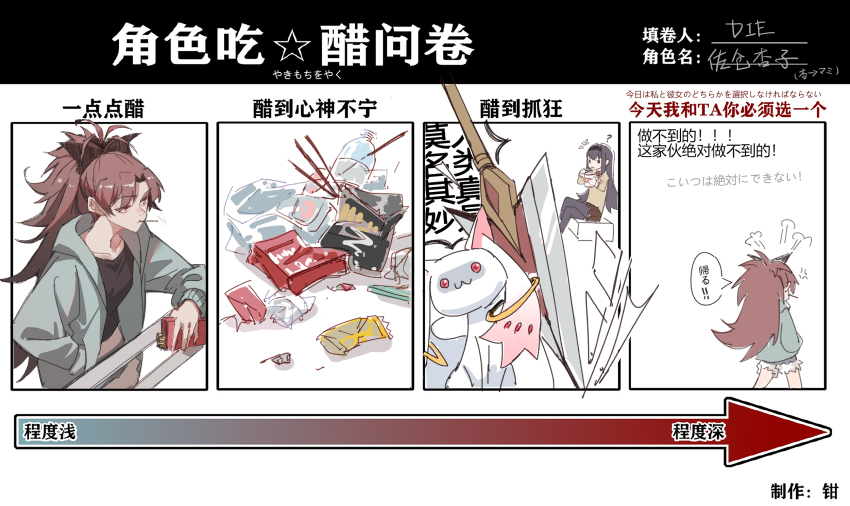 2girls ? akemi_homura anger_vein antenna_hair arrow_(symbol) artist_name bag_of_chips black_bow black_eyes black_hair black_hairband black_pantyhose black_shirt blue_shorts bottle bow bowtie box brown_skirt chinese_commentary chinese_text chopsticks closed_mouth collarbone collared_shirt commentary_request crop_top crossed_legs cup_ramen denim denim_shorts die_(die0118) eating expressionless food food_in_mouth food_wrapper fur-trimmed_shorts fur_trim green_jacket hair_bow hairband hand_in_pocket hands_in_pockets high_collar highres holding holding_chopsticks holding_food holding_with_chopsticks hood hood_down hooded_jacket jacket juliet_sleeves kyubey long_hair long_sleeves looking_ahead mahou_shoujo_madoka_magica mahou_shoujo_madoka_magica_(anime) meme meme_request messy_hair midriff miniskirt mitakihara_school_uniform multiple_girls multiple_views notice_lines on_bench open_clothes open_jacket pantyhose parted_bangs pleated_skirt pocky pocky_in_mouth polearm ponytail puff_of_air puffy_sleeves railing red_bow red_bowtie red_eyes red_hair sakura_kyoko school_uniform shaded_face shirt shorts sitting sketch skirt snack spear speech_bubble straight_hair translation_request very_long_hair walking_away weapon white_sleeve_cuffs yellow_shirt