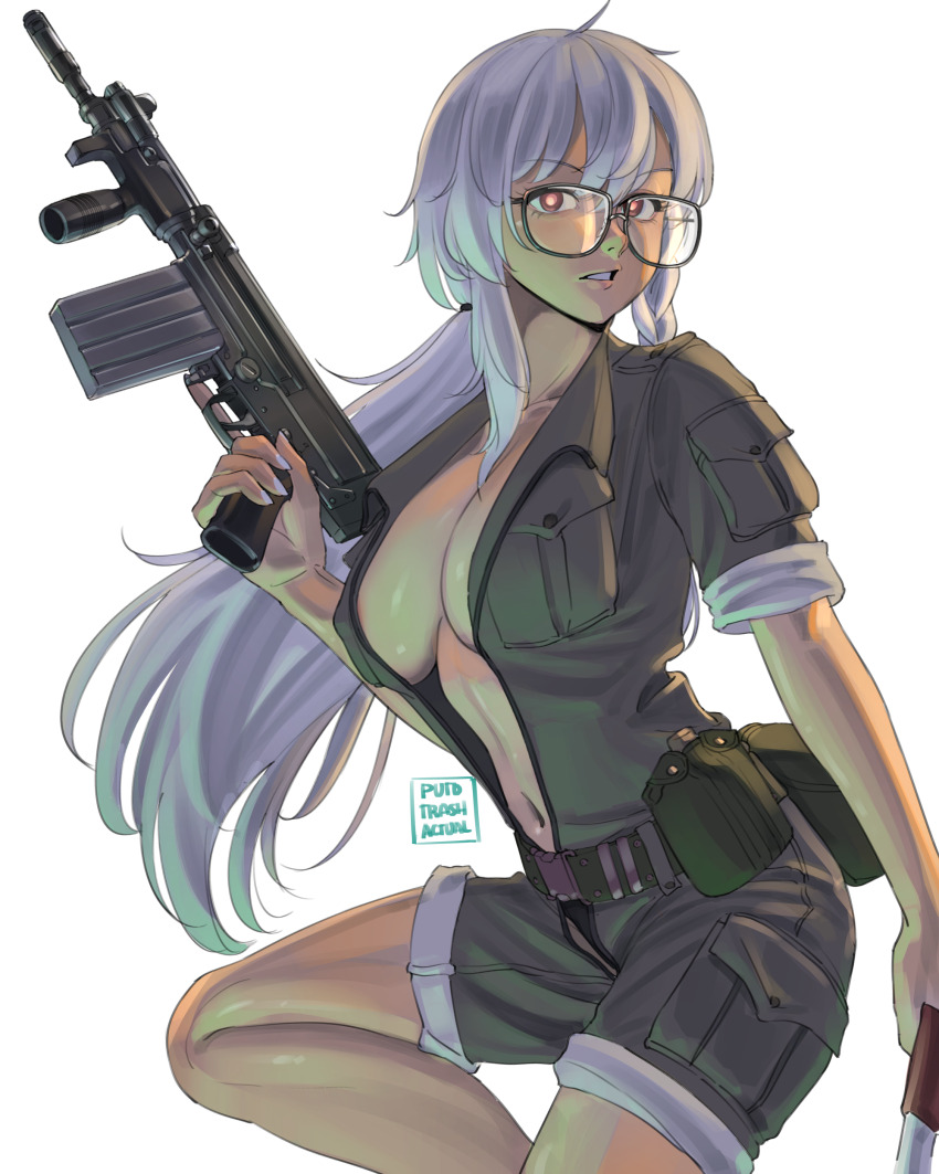 1girl absurdres belt black-framed_eyewear breast_pocket breasts charlotte_bronte_(evenicle) cleavage commentary english_commentary evenicle_(series) evenicle_2 glasses green_shirt green_shorts gun highres holding holding_gun holding_weapon long_hair looking_at_viewer navel no_bra pocket pouch puto_trash shirt shorts simple_background sleeves_rolled_up solo stomach weapon weapon_request white_background