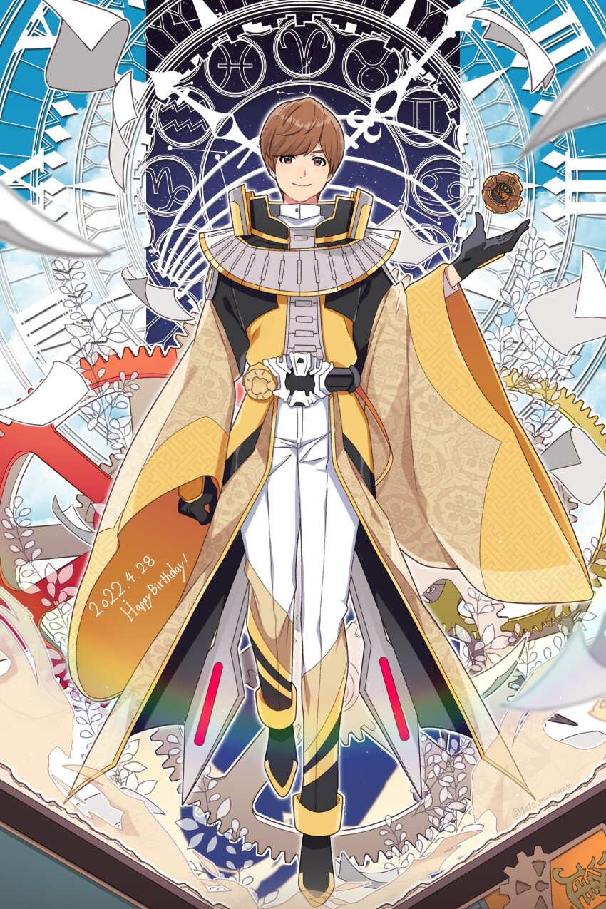 1010_mumumu 1boy 2022 absurdres adapted_costume black_boots black_gloves boots brown_eyes brown_hair clock clock_hands dated gloves happy_birthday highres kamen_rider kamen_rider_zi-o_(series) kamen_rider_zi-o_the_movie:over_quartzer king ouma_zi-o_rider_watch pants smile tokiwa_sougo ziku_driver
