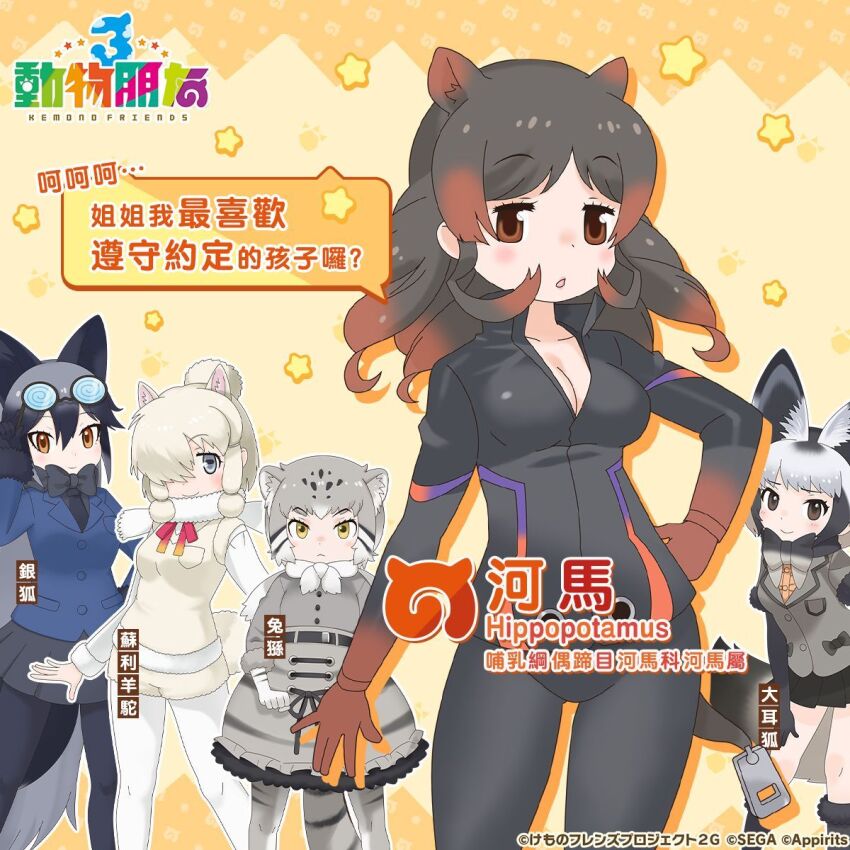 5girls alpaca_suri_(kemono_friends) animal_ears bat-eared_fox_(kemono_friends) belt black_hair blazer boots bow bowtie chinese_text copyright_name extra_ears glasses gloves grey_hair highres hippopotamus_(kemono_friends) jacket kemono_friends kemono_friends_3 long_hair looking_at_viewer multicolored_hair multiple_girls necktie official_art pallas&#039;s_cat_(kemono_friends) pants pantyhose red_hair shirt short_hair shorts silver_fox_(kemono_friends) simple_background skirt tail translation_request two-tone_hair vest