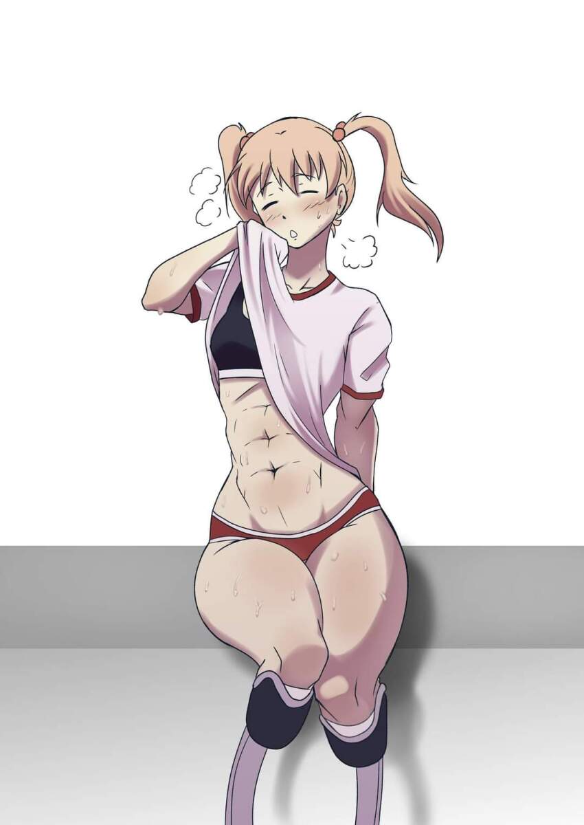 1girl abs amputee black_bra blonde_hair blush br_draw bra breasts buruma closed_eyes clothes_lift commentary english_commentary groin gym_uniform hair_ornament highres ibarazaki_emi katawa_shoujo legless_amputee long_hair midriff muscular muscular_female navel obliques prosthesis prosthetic_leg red_buruma running_blades shirt shirt_lift short_hair short_sleeves simple_background sitting small_breasts solo sports_bra sportswear stomach sweat thighs toned toned_female twintails underwear white_background wiping_face x_hair_ornament