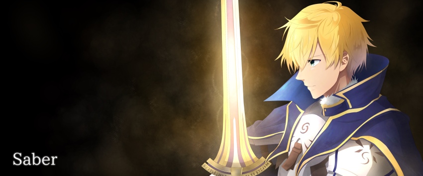 1boy absurdres armor arthur_pendragon_(fate) bad_id bad_pixiv_id black_background blonde_hair blue_cape breastplate cape choco_(chocovix112) commentary_request excalibur_(fate/prototype) fate/prototype fate_(series) glowing glowing_sword glowing_weapon green_eyes hair_between_eyes highres looking_away male_focus pixiv_fate/grand_order_contest_2 profile solo weapon
