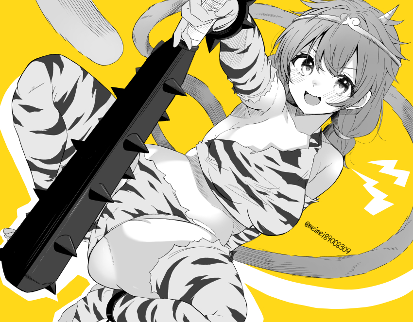 1girl absurdres alternate_costume animal_print blush breasts circlet club club_(weapon) commentary_request cone_horns greyscale_with_colored_background highres holding holding_club holding_weapon horns kanabou long_hair looking_at_viewer low_twintails meimei_(meimei89008309) midriff monkey_girl monkey_tail oni_costume open_mouth smile solo son_biten tail thighhighs tiger_print toeless_legwear touhou twintails twitter_username weapon yellow_background
