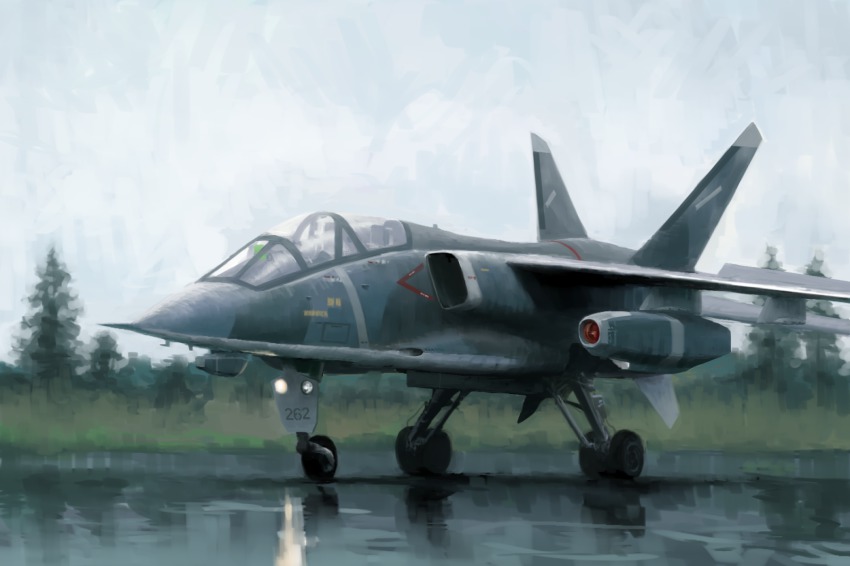 aircraft airplane bad_id bad_pixiv_id highres jet mkct mkct_(elixirnote) no_humans original realistic science_fiction tree vehicle_focus