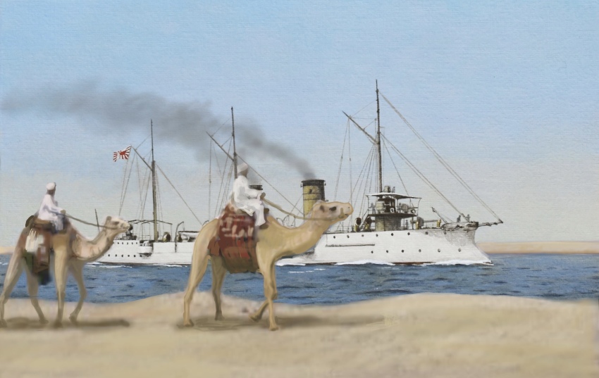 2boys acrylic_paint_(medium) atelier_bono camel canal cannon chishima_(cruiser) commentary_request cruiser desert egypt evening flag highres imperial_japanese_navy mast military_vehicle morning multiple_boys original painting_(medium) photoshop_(medium) rising_sun_flag ship ship_turret sky smoke smoke_trail smokestack suez_canal sunburst traditional_media vehicle_focus warship watercraft
