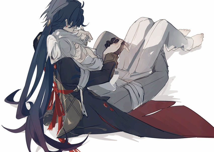 2boys barefoot blade_(honkai:_star_rail) blue_hair closed_eyes full_body holding_hands honkai:_star_rail honkai_(series) hug hug_from_behind jing_yuan long_hair long_sleeves male_focus mississipping multiple_boys pants sitting white_background