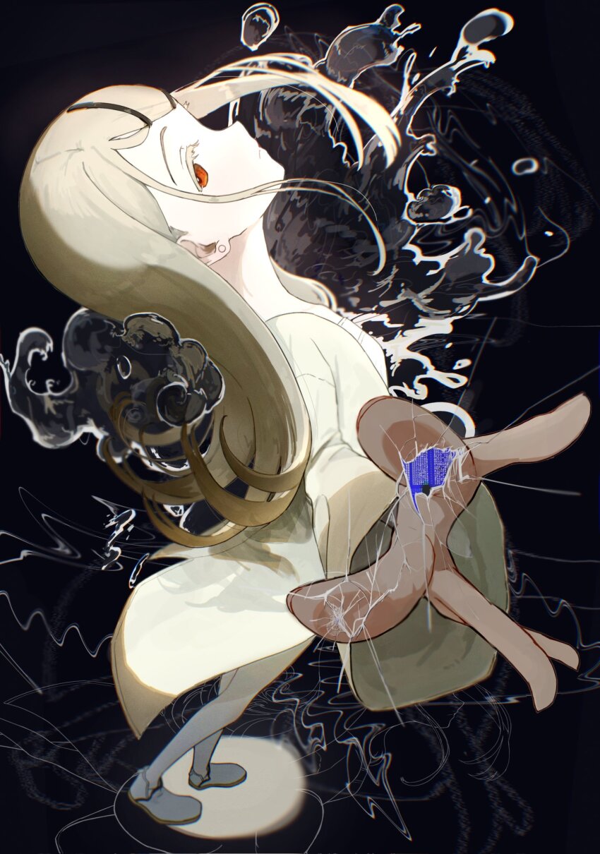 1girl black_background blonde_hair blush broken_screen collarbone commentary_request cracked_screen dress ear_piercing from_side full_body gakuen_idolmaster hair_ornament hairpin highres idolmaster jacket long_hair looking_at_viewer orange_eyes outstretched_arm piercing reaching reaching_towards_viewer shinosawa_hiro sidelocks solo sugarbeet_334 swept_bangs white_dress white_footwear yellow_jacket