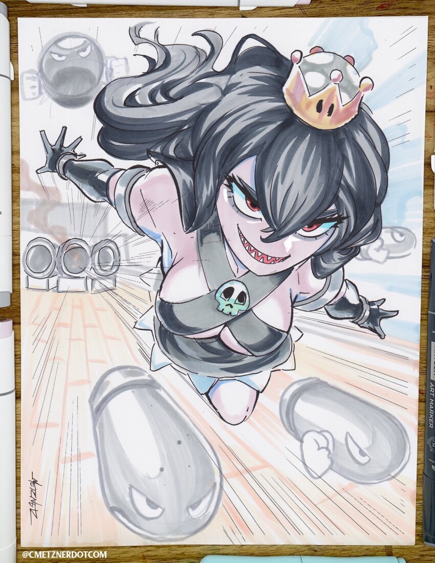 1girl bill_blaster black_hair bullet_bill cannon chris_metzner crown dress flying genderswap genderswap_(mtf) highres long_hair mario_(series) new_super_mario_bros._u_deluxe nintendo personification princess_bullet_bill red_eyes sharp_teeth skull super_crown teeth