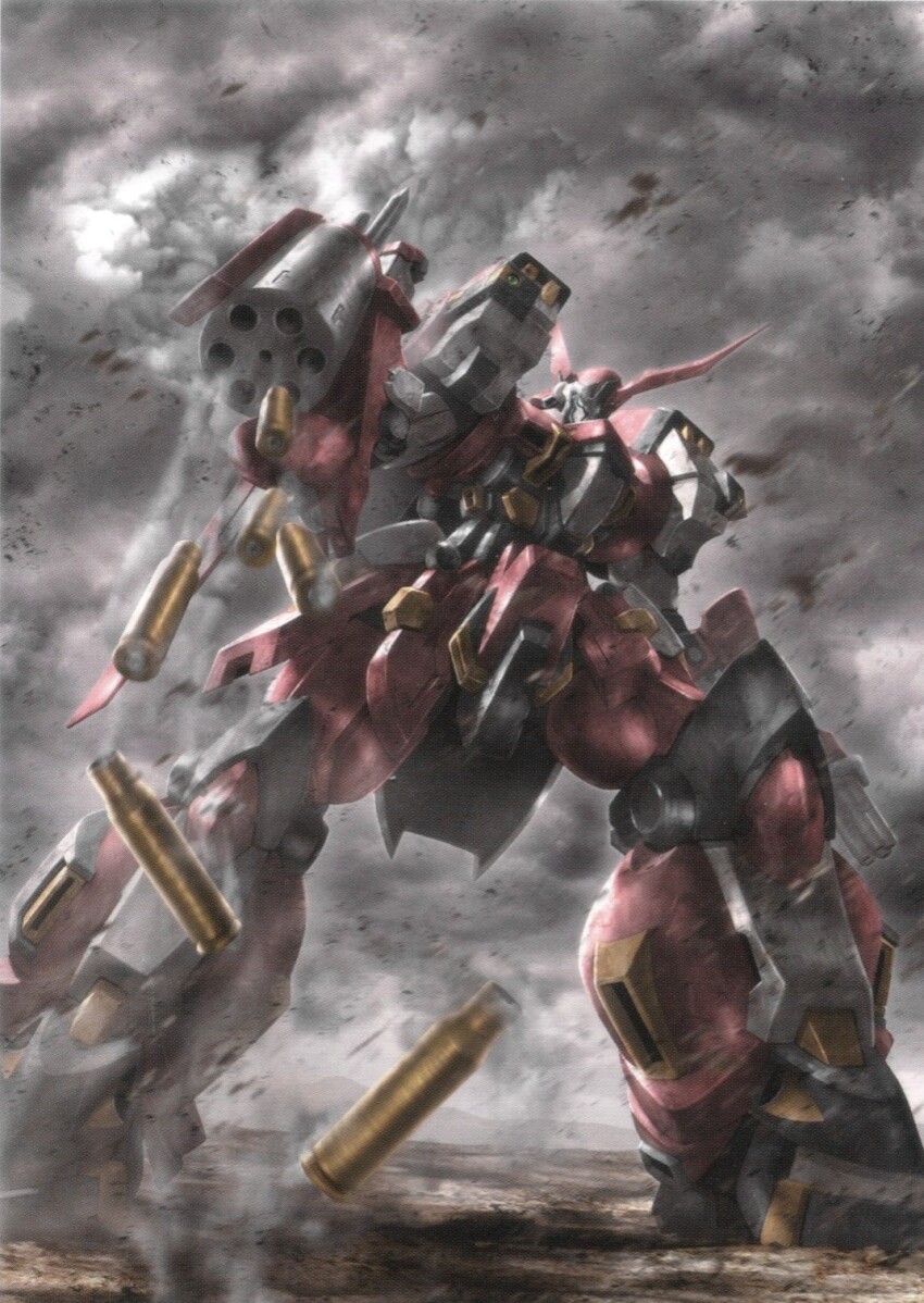 alteisen_riese ammunition clenched_hand cloud cloudy_sky highres horns looking_at_viewer looking_down mecha morishita_naochika no_humans non-web_source official_art on_ground pile_bunker robot science_fiction single_horn sky super_robot_wars super_robot_wars_impact super_robot_wars_original_generation