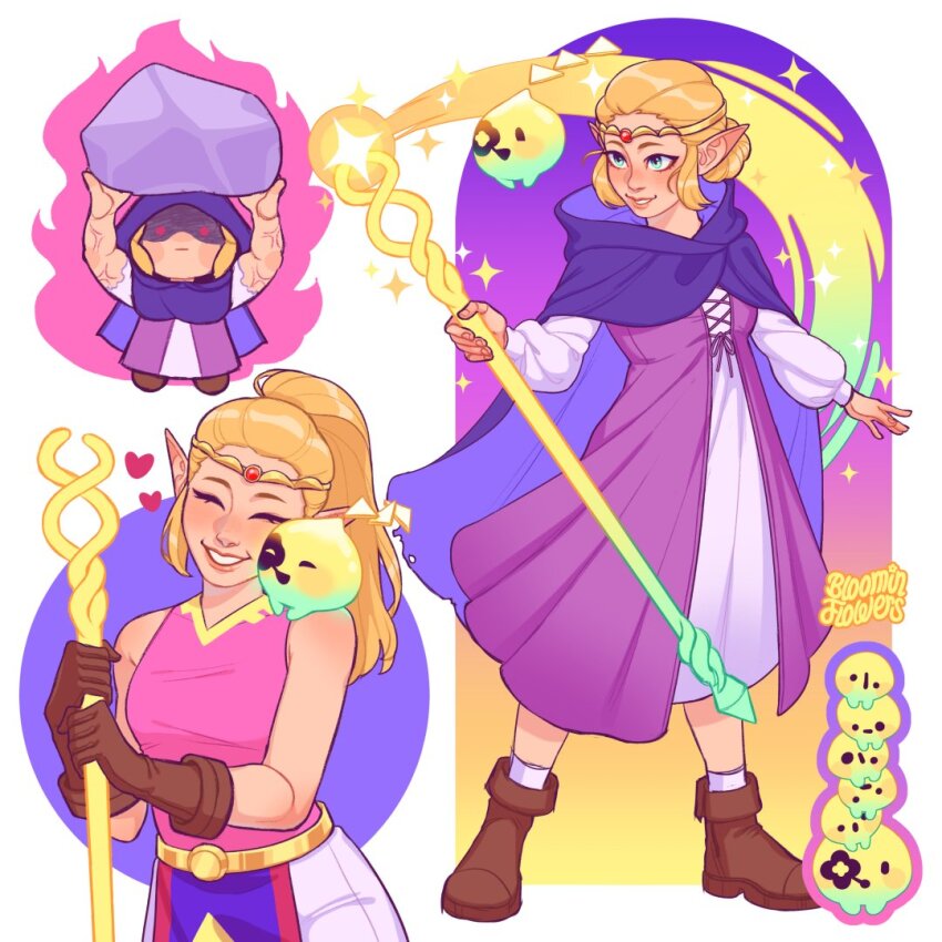1girl artist_name blonde_hair bloominflowers boots brown_footwear brown_gloves circlet cloak closed_eyes dress gloves green_eyes grin holding holding_staff hood hooded_cloak long_hair multiple_views nintendo official_alternate_costume pink_dress pink_shirt pointy_ears ponytail princess_zelda purple_cloak shirt sleeveless sleeveless_shirt smile staff the_legend_of_zelda the_legend_of_zelda:_echoes_of_wisdom tri_(zelda) tri_rod two-tone_dress white_dress