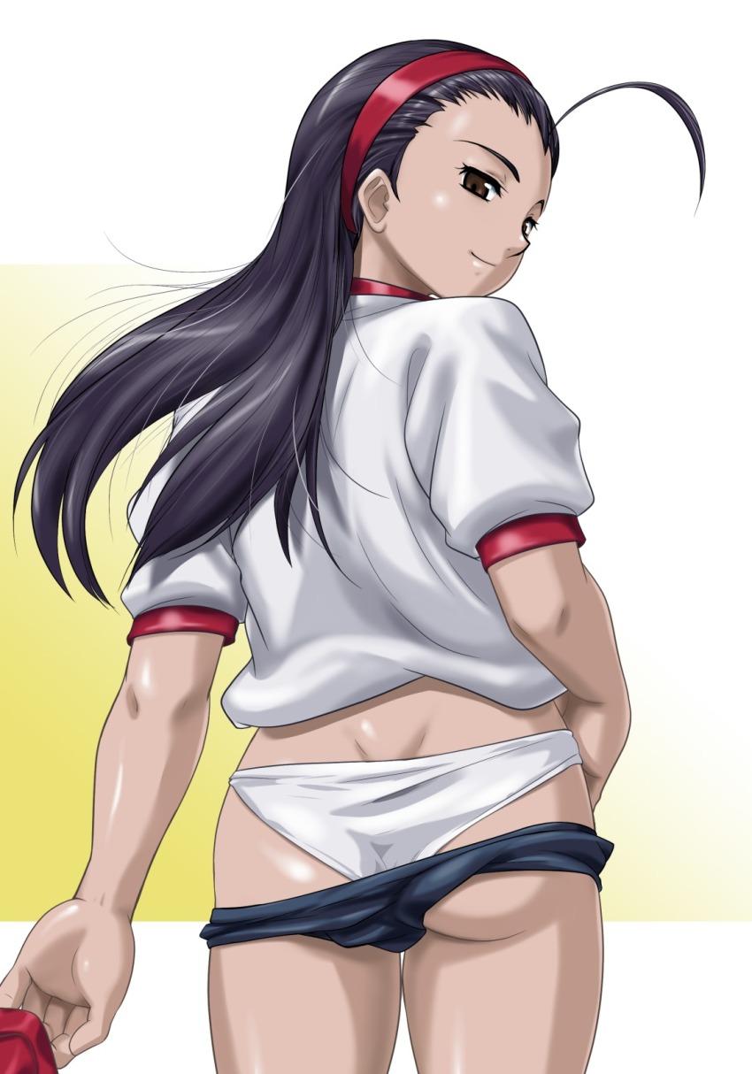 1girl ahoge ass ass_focus back black_hair brown_eyes capcom clothes_pull dimples_of_venus forehead gym_uniform hairband highres hinokawa_jun iinchou_(justice_gakuen) justice_gakuen long_hair looking_at_viewer looking_back panties shiny_skin shorts shorts_pull skindentation smile thighs underwear