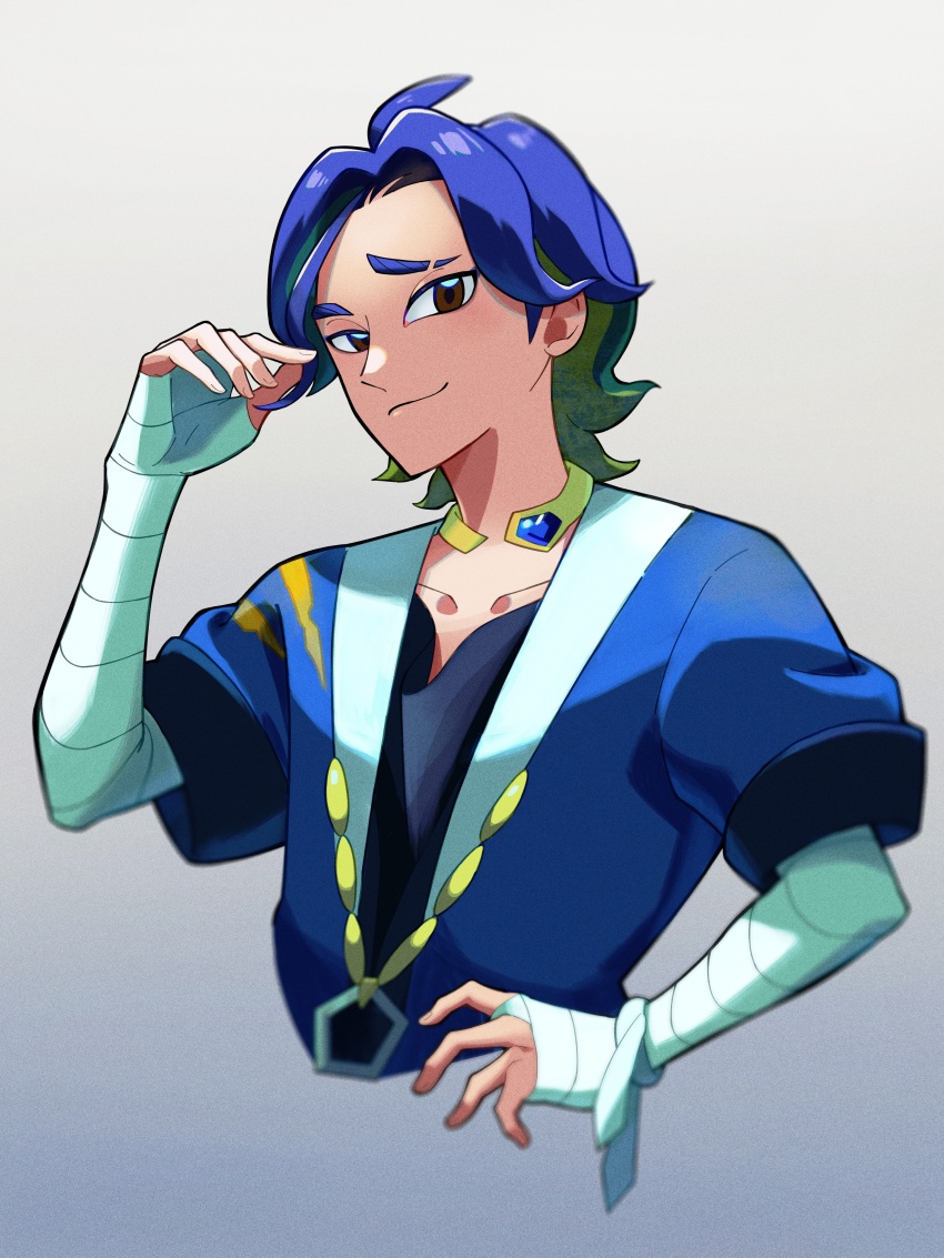 1boy absurdres adaman_(pokemon) alternate_hair_length alternate_hairstyle arm_wrap black_shirt blue_coat blue_hair brown_eyes closed_mouth coat collar collarbone commentary_request eyebrow_cut grey_background hand_on_own_hip hand_up highres male_focus medium_hair multicolored_hair nintendo nori_(hgdm2784) pokemon pokemon_legends:_arceus shirt smile solo upper_body