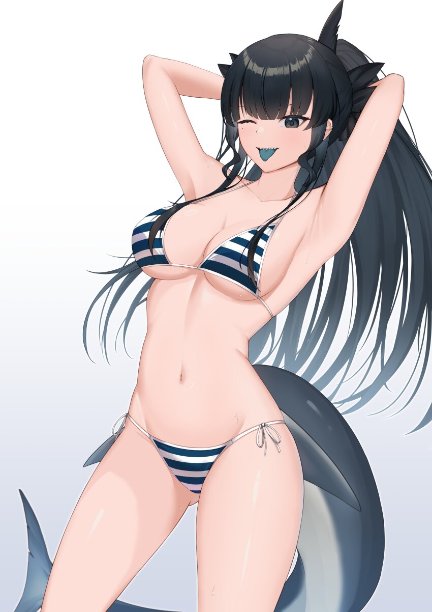 1girl absurdres arms_behind_head artemis_of_the_blue bikini black_eyes black_hair blue_tongue breasts colored_tongue ear_piercing highres indie_virtual_youtuber light_blush long_hair mole mole_under_eye one_eye_closed paladin_fm piercing ponytail shark shark_girl sharp_teeth solo standing striped_bikini striped_clothes sweat swimsuit tail teeth thighs tongue tongue_out virtual_youtuber white_background